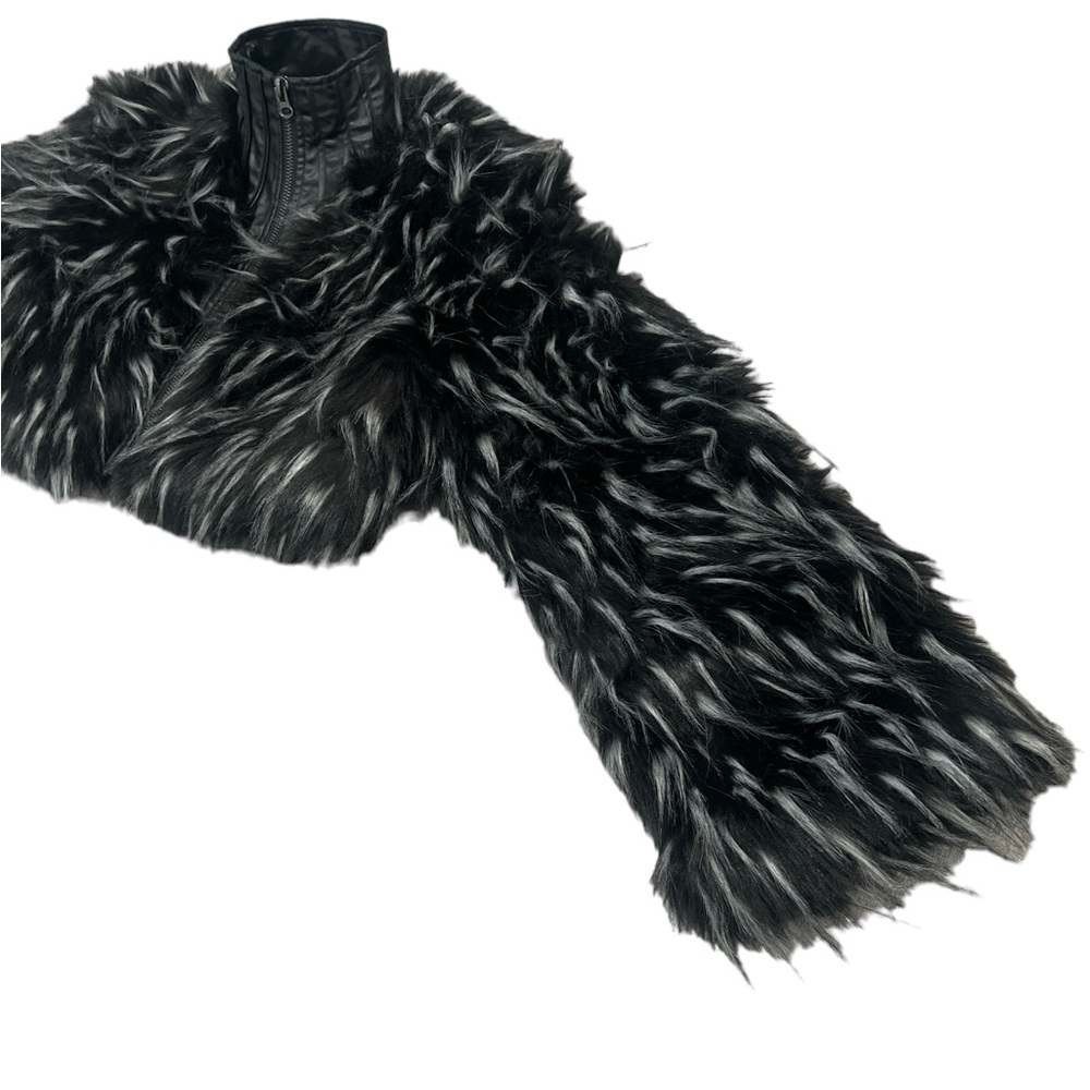 Punk Rave Gothic Black White Cropped Fur Jacket - Picture 8 of 15
